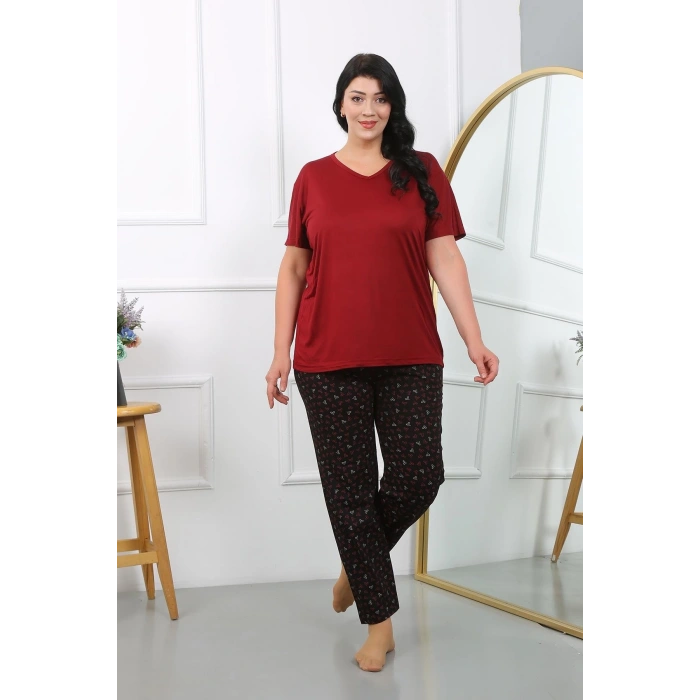 MİRAY- Kadın Büyük Beden Kısa Kol Penye Pijama Takımı Bordo