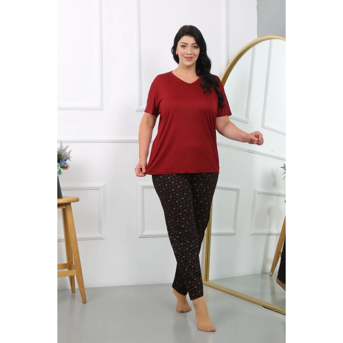MİRAY- Kadın Büyük Beden Kısa Kol Penye Pijama Takımı Bordo