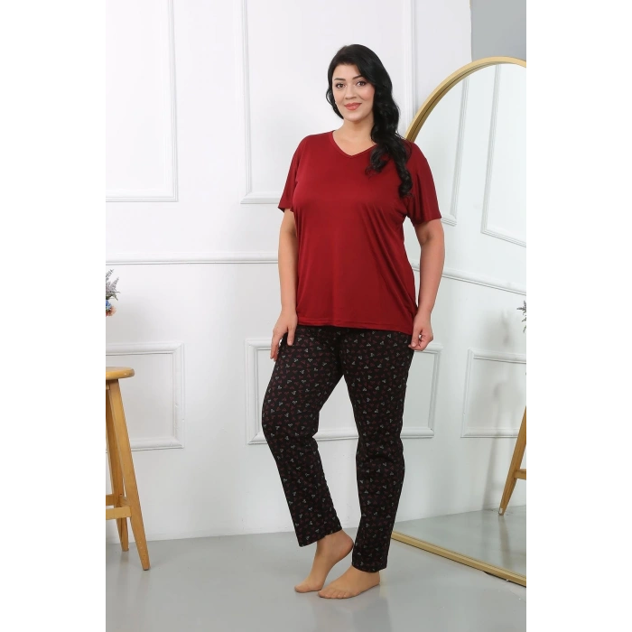 MİRAY- Kadın Büyük Beden Kısa Kol Penye Pijama Takımı Bordo