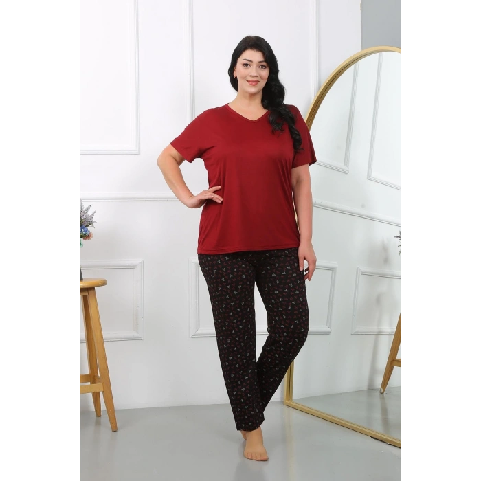 MİRAY- Kadın Büyük Beden Kısa Kol Penye Pijama Takımı Bordo