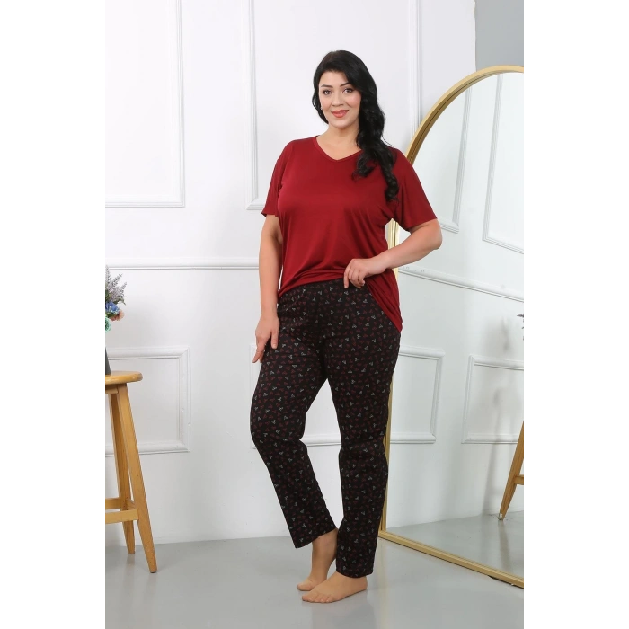 MİRAY- Kadın Büyük Beden Kısa Kol Penye Pijama Takımı Bordo