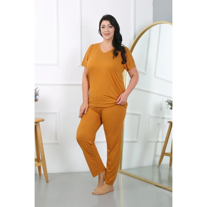 MİRAY- Kadın Büyük Beden Kısa Kol Penye Pijama Takımı Hardal