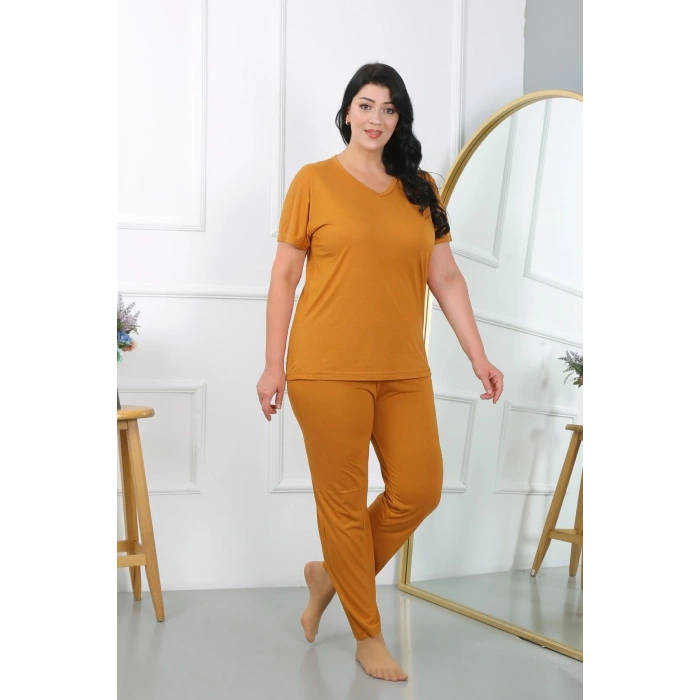 MİRAY- Kadın Büyük Beden Kısa Kol Penye Pijama Takımı Hardal