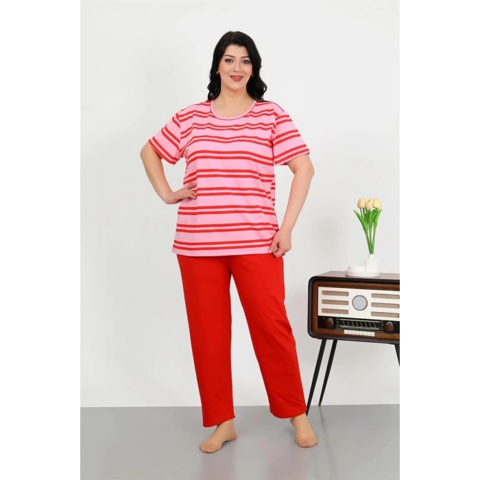 MİRAY- Kadın Büyük Beden Kısa Kol Penye Pijama Takımı Kırmızı