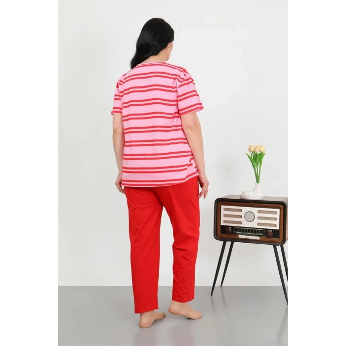 MİRAY- Kadın Büyük Beden Kısa Kol Penye Pijama Takımı Kırmızı