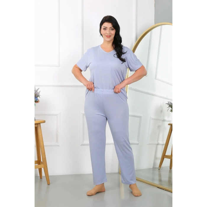 MİRAY- Kadın Büyük Beden Kısa Kol Penye Pijama Takımı Lila