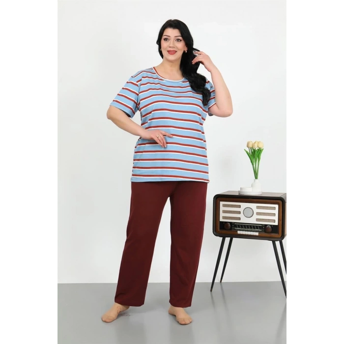 MİRAY- Kadın Büyük Beden Kısa Kol Penye Pijama Takımı Mavi