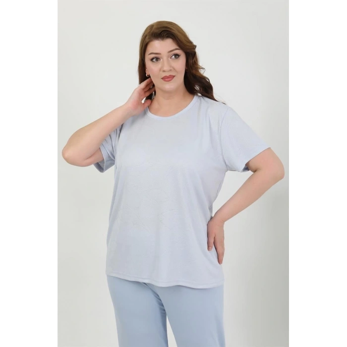 MİRAY- Kadın Büyük Beden Kısa Kol Penye Pijama Takımı Mavi