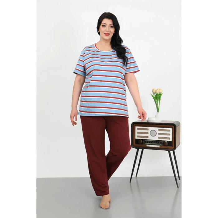 MİRAY- Kadın Büyük Beden Kısa Kol Penye Pijama Takımı Mavi