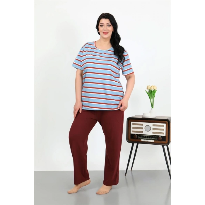 MİRAY- Kadın Büyük Beden Kısa Kol Penye Pijama Takımı Mavi