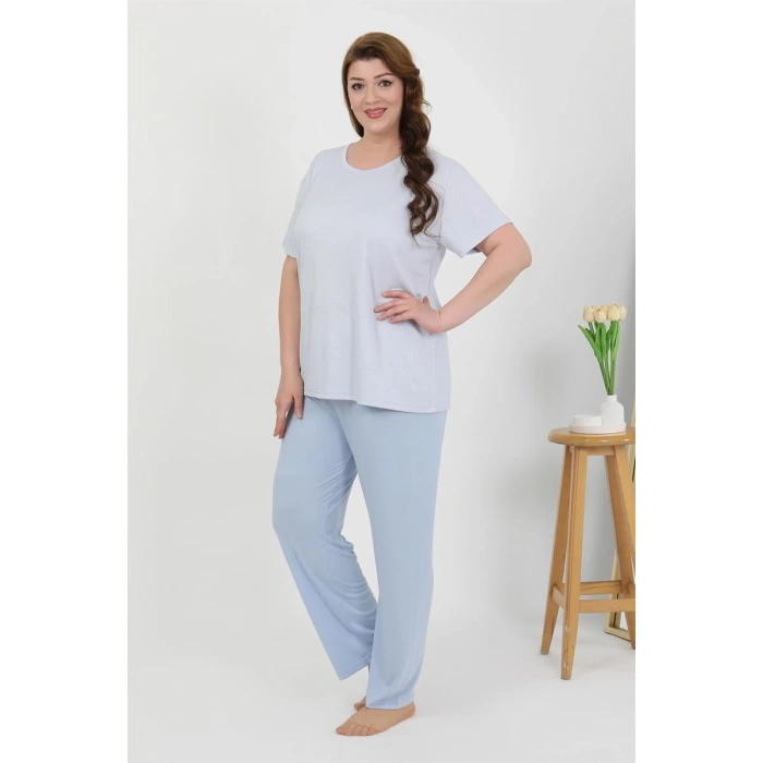 MİRAY- Kadın Büyük Beden Kısa Kol Penye Pijama Takımı Mavi