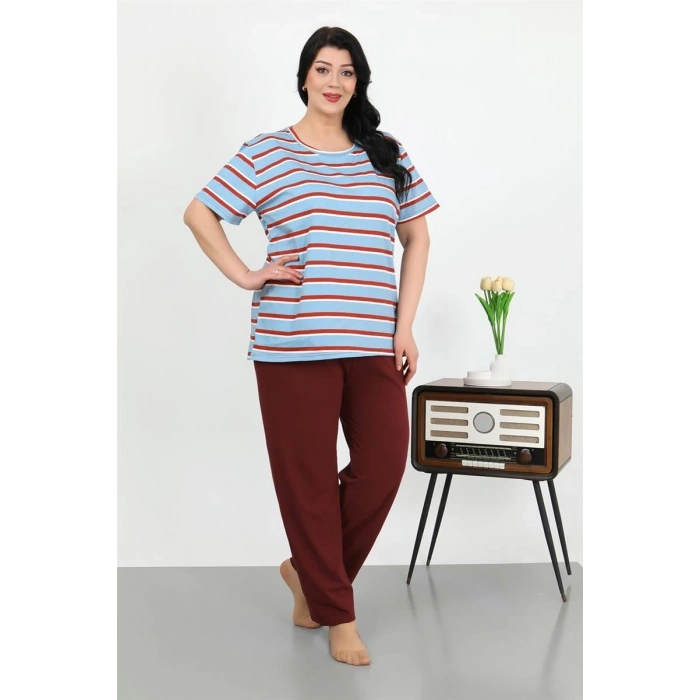 MİRAY- Kadın Büyük Beden Kısa Kol Penye Pijama Takımı Mavi