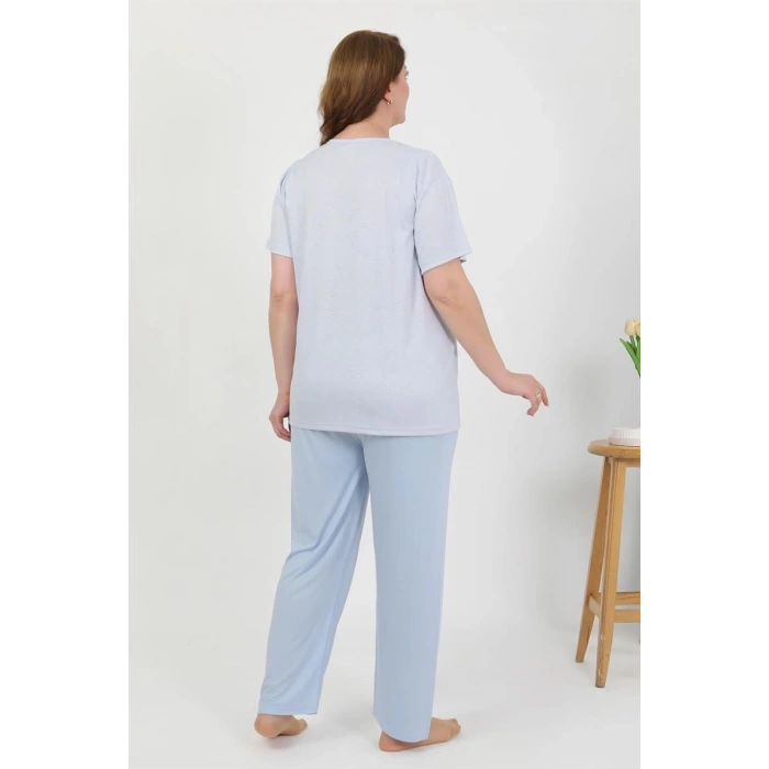 MİRAY- Kadın Büyük Beden Kısa Kol Penye Pijama Takımı Mavi