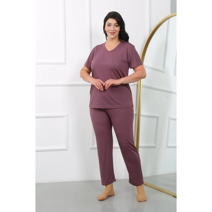MİRAY- Kadın Büyük Beden Kısa Kol Penye Pijama Takımı Mürdüm