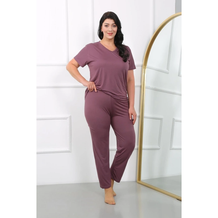 MİRAY- Kadın Büyük Beden Kısa Kol Penye Pijama Takımı Mürdüm