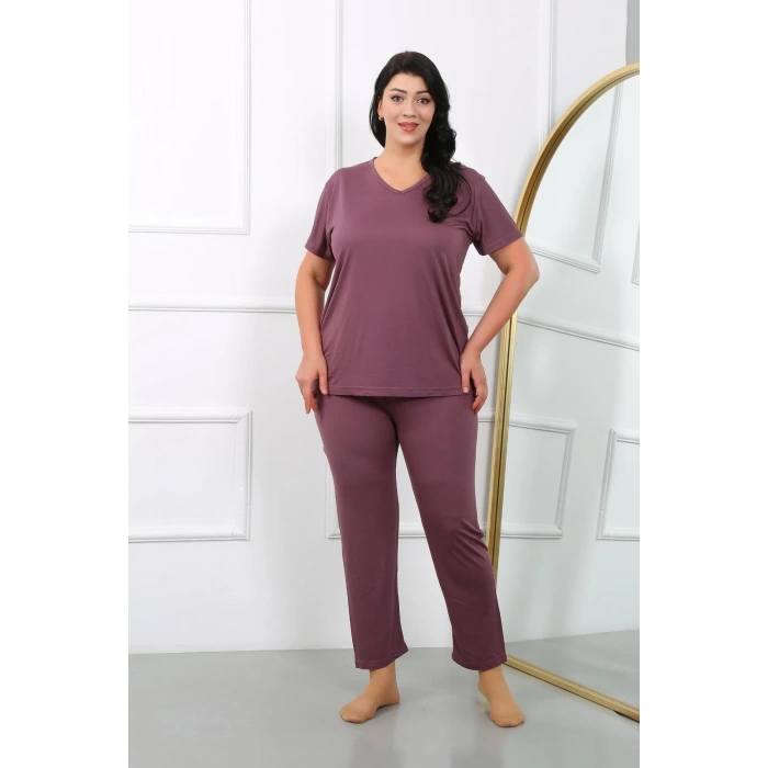 MİRAY- Kadın Büyük Beden Kısa Kol Penye Pijama Takımı Mürdüm