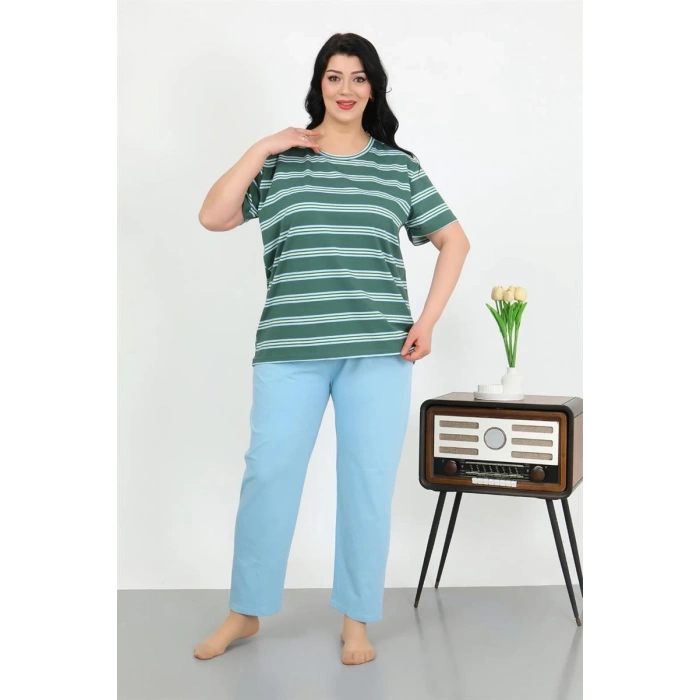 MİRAY- Kadın Büyük Beden Kısa Kol Penye Pijama Takımı Petrol