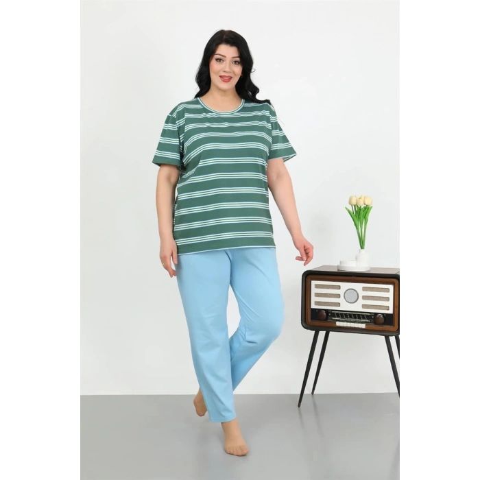 MİRAY- Kadın Büyük Beden Kısa Kol Penye Pijama Takımı Petrol