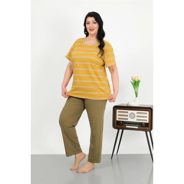 MİRAY- Kadın Büyük Beden Kısa Kol Penye Pijama Takımı Sarı
