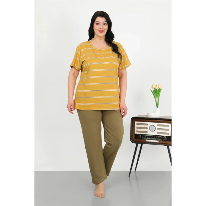 MİRAY- Kadın Büyük Beden Kısa Kol Penye Pijama Takımı Sarı