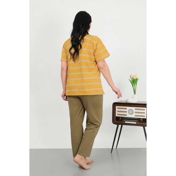 MİRAY- Kadın Büyük Beden Kısa Kol Penye Pijama Takımı Sarı