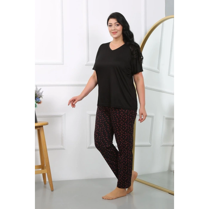 MİRAY- Kadın Büyük Beden Kısa Kol Penye Pijama Takımı Siyah