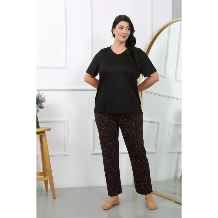 MİRAY- Kadın Büyük Beden Kısa Kol Penye Pijama Takımı Siyah