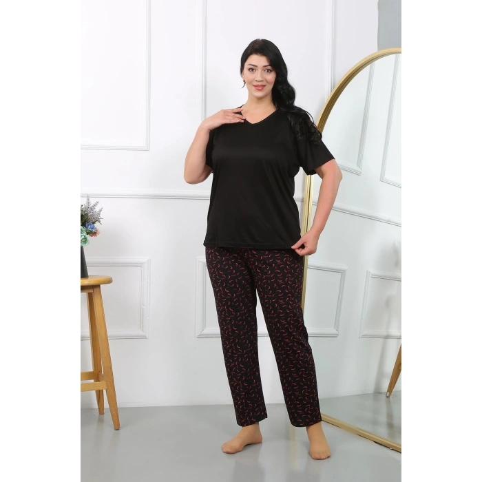 MİRAY- Kadın Büyük Beden Kısa Kol Penye Pijama Takımı Siyah