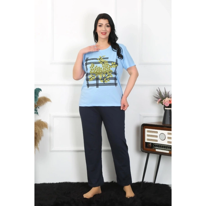 MİRAY- Kadın Büyük Beden Mavi Pijama Takımı