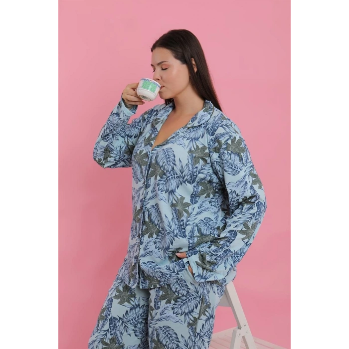 MİRAY- Kadın Büyük Beden Mavi Tropikal Desenli Düğmeli Pijama Takımı