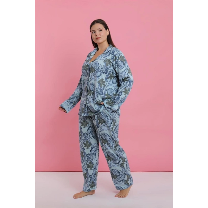 MİRAY- Kadın Büyük Beden Mavi Tropikal Desenli Düğmeli Pijama Takımı