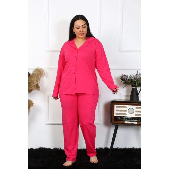 MİRAY- Kadın Büyük Beden Pamuklu Cepli Düğmeli Fuşya Pijama Takım