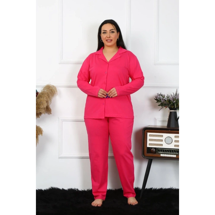 MİRAY- Kadın Büyük Beden Pamuklu Cepli Düğmeli Fuşya Pijama Takım