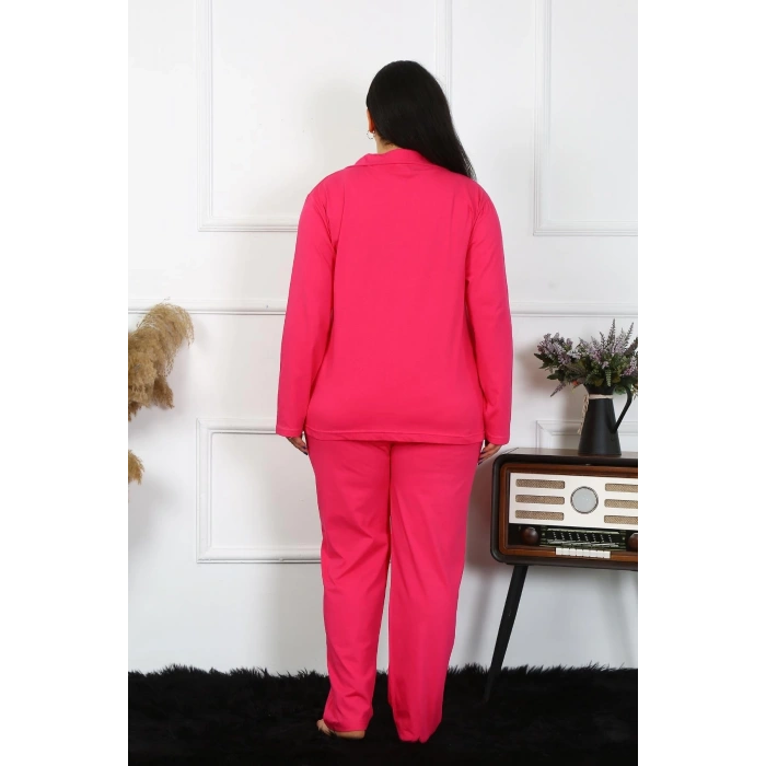 MİRAY- Kadın Büyük Beden Pamuklu Cepli Düğmeli Fuşya Pijama Takım