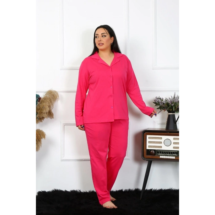 MİRAY- Kadın Büyük Beden Pamuklu Cepli Düğmeli Fuşya Pijama Takım