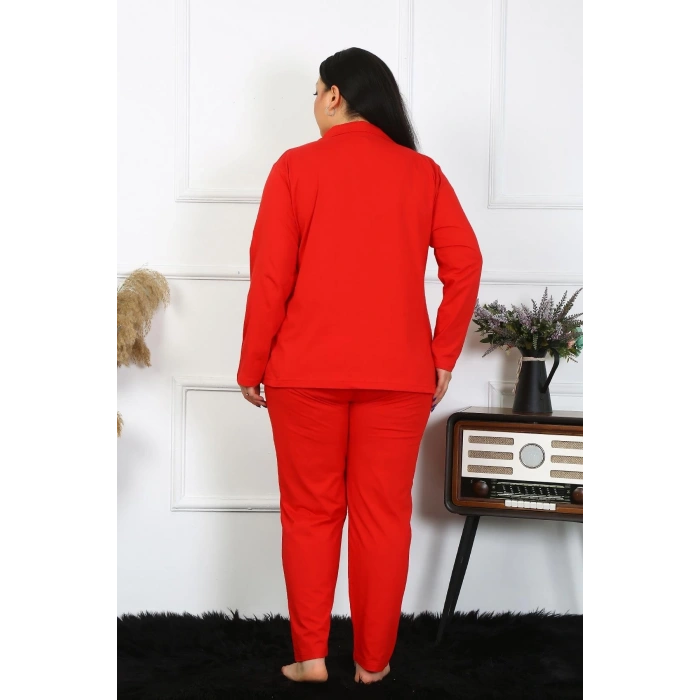 MİRAY- Kadın Büyük Beden Pamuklu Cepli Düğmeli Kırmızı Pijama Takım