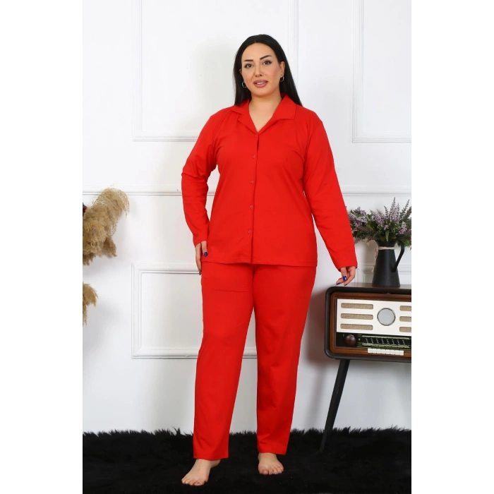 MİRAY- Kadın Büyük Beden Pamuklu Cepli Düğmeli Kırmızı Pijama Takım