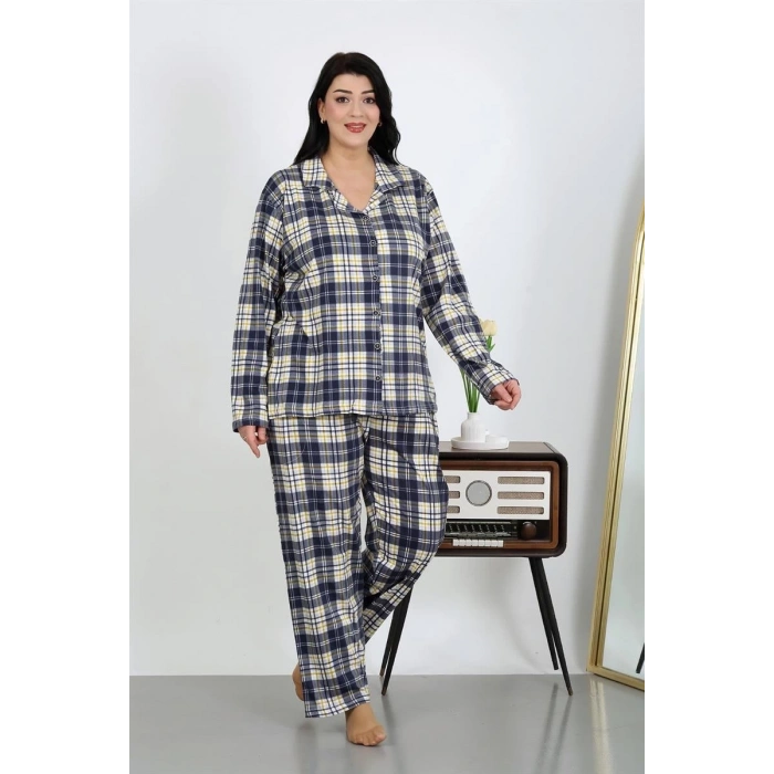 MİRAY- Kadın Büyük Beden Pamuklu Cepli Düğmeli Lacivert Pijama Takım