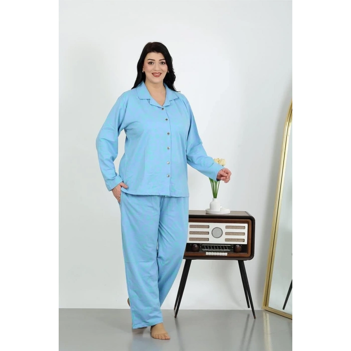 MİRAY- Kadın Büyük Beden Pamuklu Cepli Düğmeli Mavi Pijama Takım