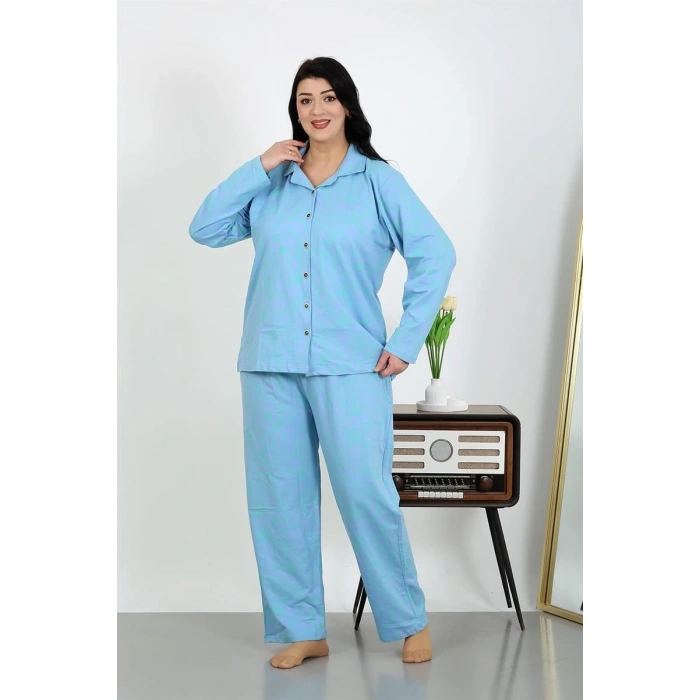 MİRAY- Kadın Büyük Beden Pamuklu Cepli Düğmeli Mavi Pijama Takım