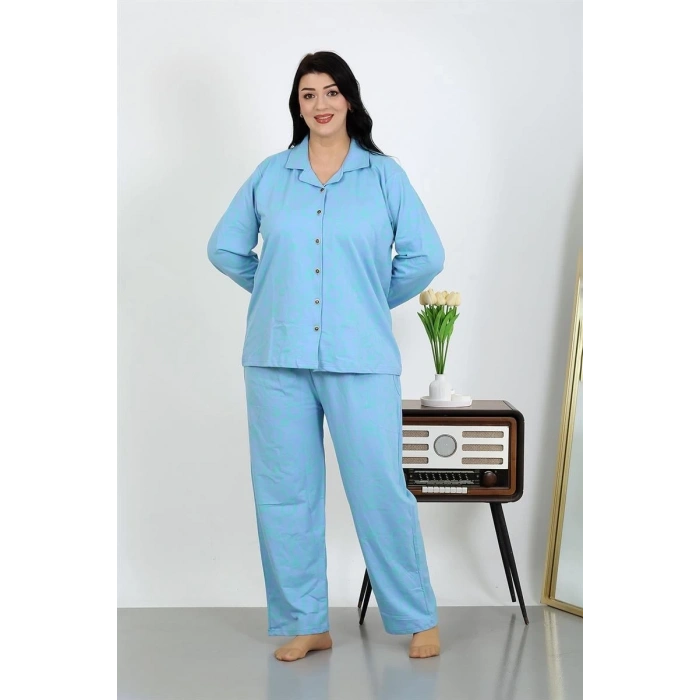 MİRAY- Kadın Büyük Beden Pamuklu Cepli Düğmeli Mavi Pijama Takım
