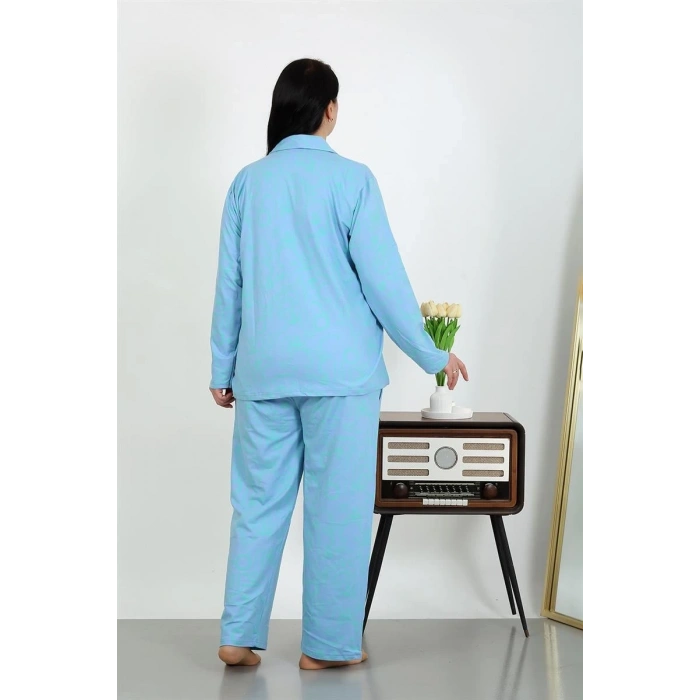 MİRAY- Kadın Büyük Beden Pamuklu Cepli Düğmeli Mavi Pijama Takım
