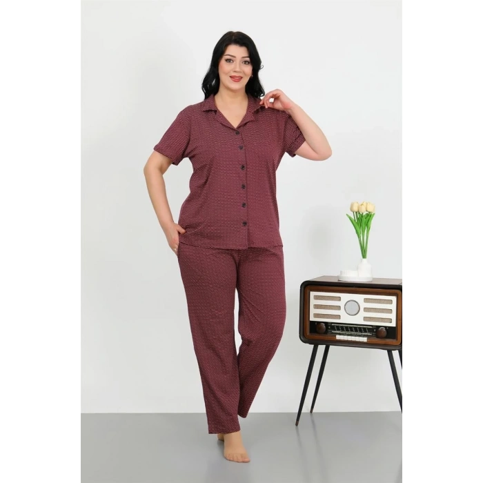 MİRAY- Kadın Büyük Beden Pamuklu Cepli Düğmeli Mor Pijama Takım