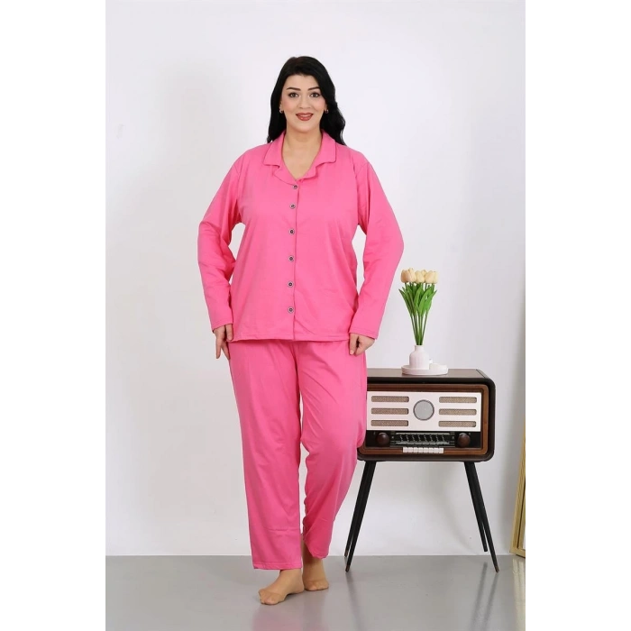 MİRAY- Kadın Büyük Beden Pamuklu Cepli Düğmeli Pembe Pijama Takım