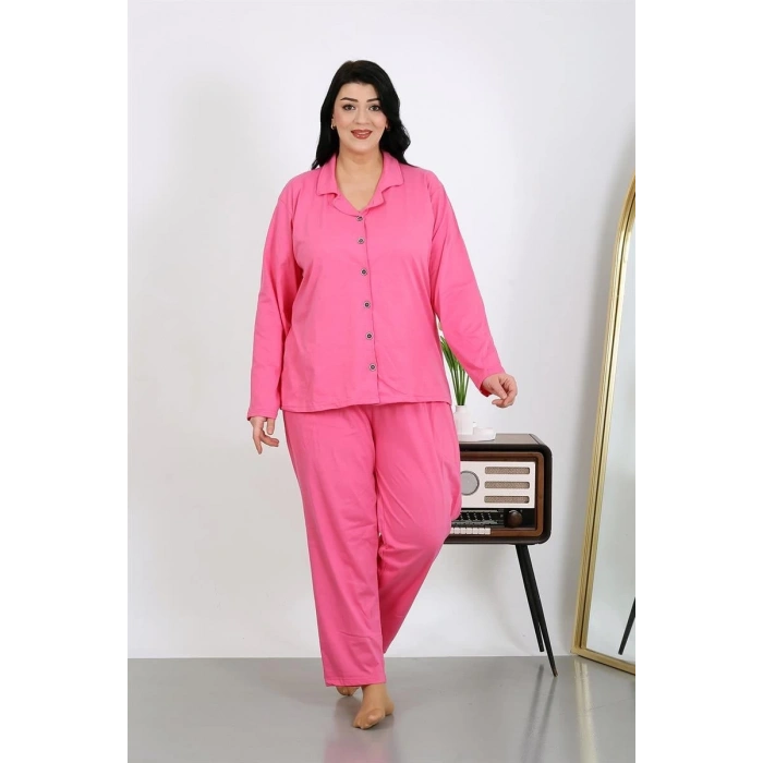 MİRAY- Kadın Büyük Beden Pamuklu Cepli Düğmeli Pembe Pijama Takım