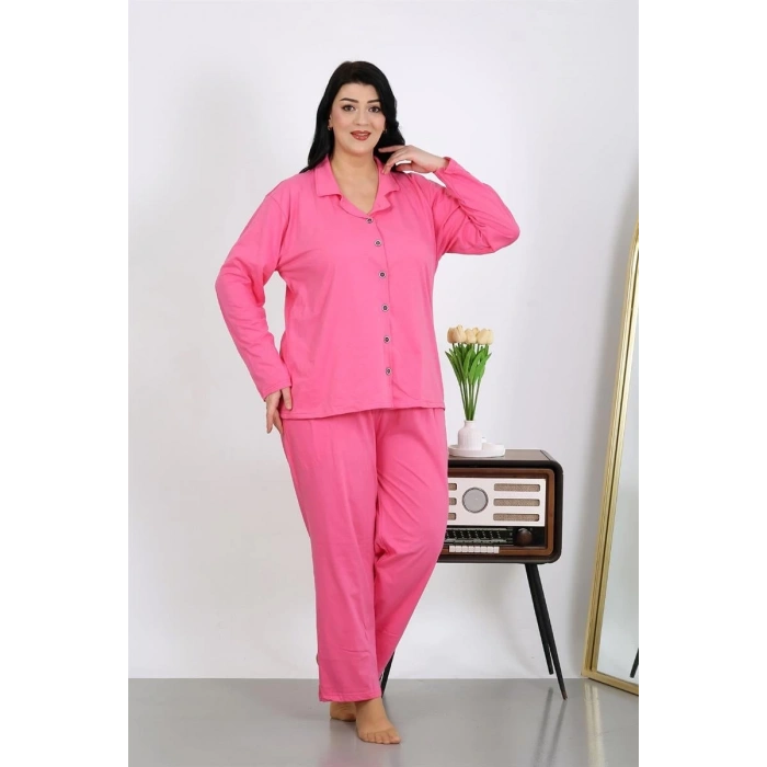 MİRAY- Kadın Büyük Beden Pamuklu Cepli Düğmeli Pembe Pijama Takım