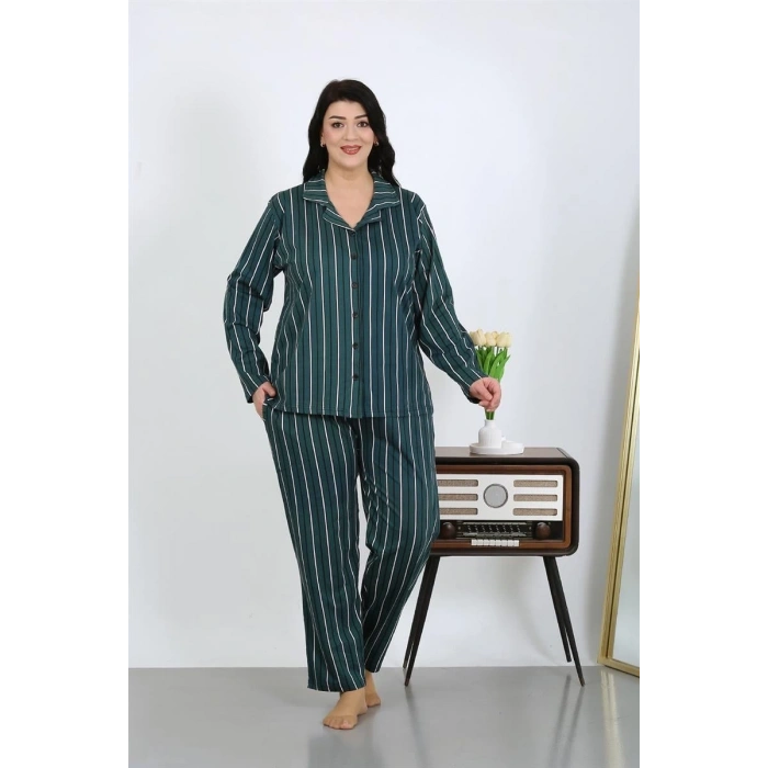 MİRAY- Kadın Büyük Beden Pamuklu Cepli Düğmeli Petrol Pijama Takım