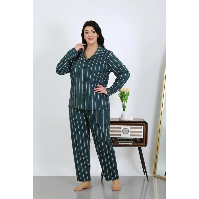 MİRAY- Kadın Büyük Beden Pamuklu Cepli Düğmeli Petrol Pijama Takım