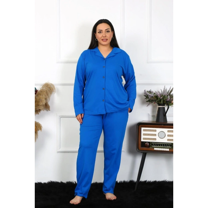 MİRAY- Kadın Büyük Beden Pamuklu Cepli Düğmeli Saks Pijama Takım