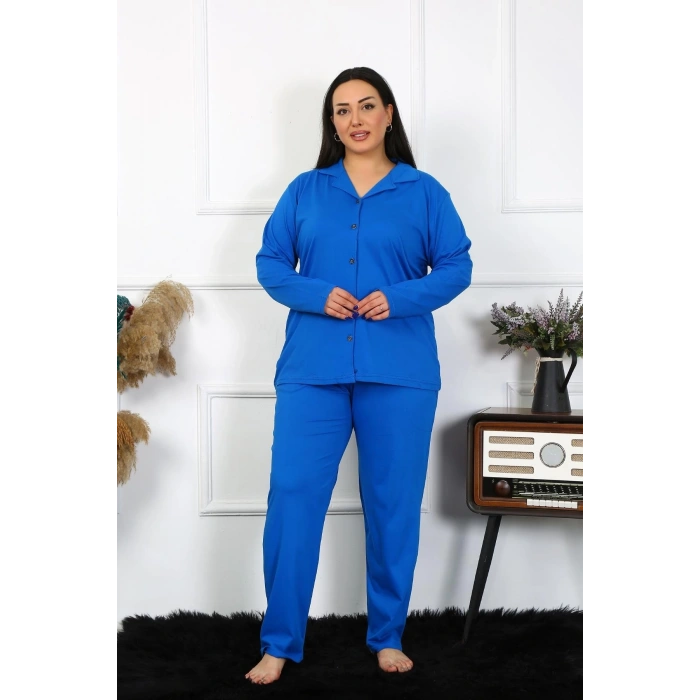 MİRAY- Kadın Büyük Beden Pamuklu Cepli Düğmeli Saks Pijama Takım